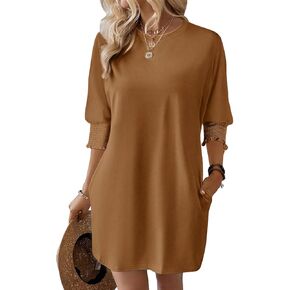 Dokotoo Womens Dresses 2025 Spring 3/4 Sleeve Fashion Dresses Crewneck Casual Mini Dress with Pockets S-XL