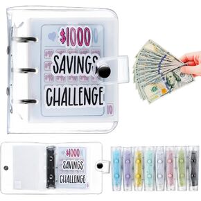 Jetec 1000 Money Saving Challenge with 25 Binder Mini Savings Challenge Book with Envelopes for Budgeting Cash Planner School Class Prize Gift(Pink)