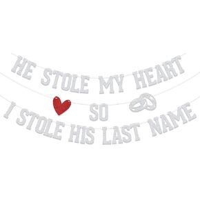 He Stole My Heart so I Stole His Last Name Banner, Engagement Wedding Decorations, Pearls and Prosecco Bridal Shower Decorations, Kiss the Miss Goodbye Bachelorette Party Supplies Silver & Red