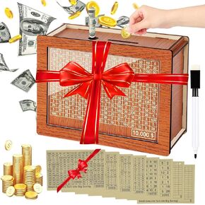 Money Saving Box 10000 Savings Challenge Box Piggy Bank for Adults Wooden Money Box for Cash 10,000 Savings Box Best Gift for Kids Boys Girls Adult Man Women Friends Gift($10000,Brown)