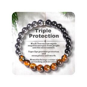 Triple Protection Tiger Eye و Black Tourmaline و Hematite Bracelet والقوة والحماية والتوازن للرجال والنساء ، والهدايا لآباء الأمهات ، عيد الميلاد ، أعياد الميلاد ، الذكرى السنوية