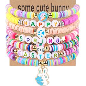 7Pcs Easter Bunny Basket Gifts Bracelet, Easter Gifts for Girls Women Stackable Boho Clay Party Elastic Stretch Bracelets