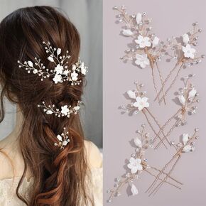Handmade Pearl Bridal Wedding Hair Pins 6Pcs White Flower Gold Leaf Pearls Clips Bridal Hair Accessories for Women Brides Bridesmaid