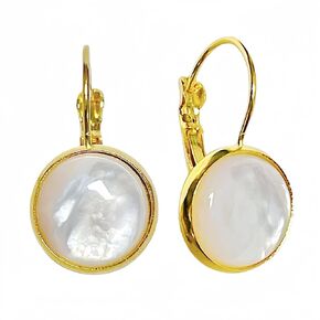 12MM Natural Mother of Pearl Earrings, Classy Leverback Design, Genuine White Seashell, Birthstone Healing Gemstones, Jewelry Gift for Women Girls (Gold)