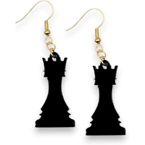 Chess Piece Earrings in Black or White Acrylic, King, Queen, Knight, Bishop, Castle, Pawn (Black/Gold, Queen) in Saudi Arabia