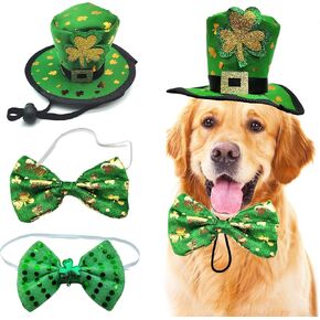 3PCS St Patrick's Day Pet Costume, Dog Leprechaun Top Hat Green Collar Adjustable Dog Bandana Doggie Reversible Bibs Scarf Cosplay Party St. Patty's Day Puppy Outfit Irish Lucky Dress-Up