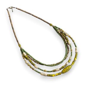 Boho Multi-Strand Beaded Necklace – Green & Earthy Tones, Natural Stone & Brass Accents, Tribal Ethnic Jewelry for Women