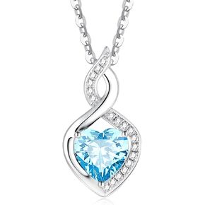 FANCIME 14K Solid White Gold Heart Birthstone Necklace with Diamond Pendent Birthday Gifts for Mom Women, Sterling Silver Chain 16" + 2" Extender
