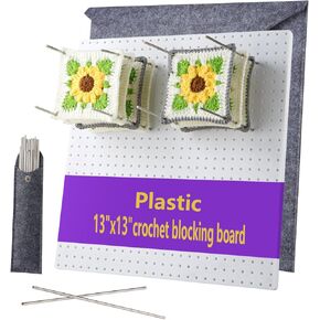 wuher 13’’Plastic Crochet Blocking Board with 20Pegs/Pins and Grid Reusable Waterproof Blocking Mat for Knitting Crochet and Granny Square Projects Gift for Beginners