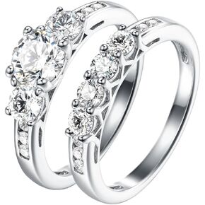 2Ct 925 Sterling Silver Cubic Zirconia 3 Stone Round Cut Wedding Ring Set CZ Engagement Ring for Women Size 5-10