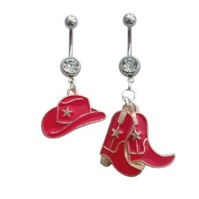 2pcs Cowboy Cowgirl Pendant Dangle Belly Button Rings for Her, Western Style Stainless Steel Navel Barbell Ring, Boot Enamel Charm Piercing Body Jewelry