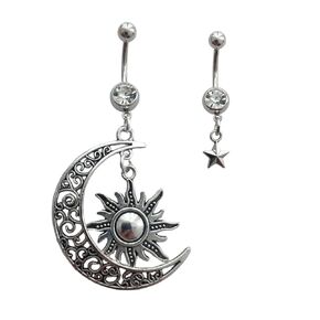 2pcs Sun and Moon Pendant Dangle Belly Button Rings, Bohemia Stainless Steel 14 Gauge Navel Barbell Ring, Cute Star Piercing Body Jewelry