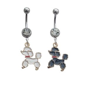 2pcs Dog Pendant Dangling Belly Button Rings, Cute Stainless Steel Navel Barbell Ring, Piercing Body Jewelry Poodles Lover