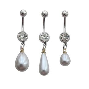 3pcs Pearl Pendant Dangle Belly Button Rings Set, Elegant Stainless Steel Navel Barbell Ring, Creative Piercing Body Jewelry for Woman