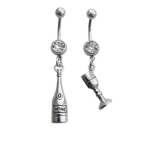 2pcs Wine Bottle Wine Glass Pendant Dangling Belly Button Rings, Unique Stainless Steel Navel Barbell Ring, Piercing Body Jewelry