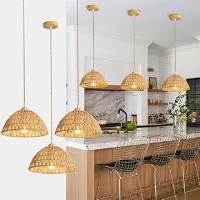 Bamboo Pendant Light Fixture, 3-Light Handmade Woven Pendant Lighting, with Adjustable Rustic Basket, for Kitchen Island Farmhouse Dining Room Living Room