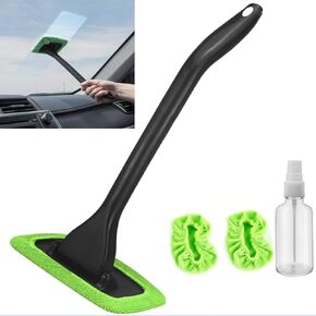 Windshield Cleaning Tool Windshield Cleaning Wand Auto Window Cleaner,A Spray Bottle and 2 Pieces Reusable Cloth Pads for Car Interior, Dirty Car Washing Brushes (Green)