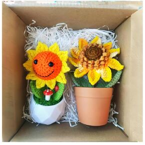 Sunburst Crochet Sunflower Pot - Vibrant Orange & Yellow Home Decor Lucky Office Gift 6.69" Faux Potted Plant Handmade with Cotton Yarn + Recycled Plastic Pot Includes Solar Blessing