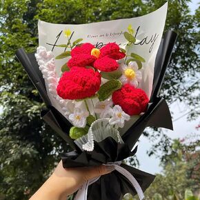 Flower Bouquet | Artificial Completed Flowers of Roses, Daisy, Strawberry Sunflower for Graduation, Birthday Gift, Mother's Day, Valentine, Wedding, Home Décor (Red Rose)