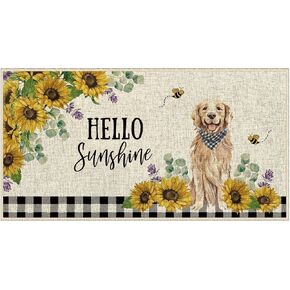 Dlzdn Sunflower Dog Door Mat Golden Retriever Bee Decorative Doormat Spring Summer Non-Slip Rubber Backed Entryway Rugs for Indoor Outdoor Entrance Floor 17 x 30 Inch