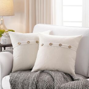 Meekio Set of 2 Ivory Square Pillow Covers 18 x 18 Farmhouse Boho Pillow Covers with Coconut Buttons for Sofa Couch Living Room Bedroom Farmhouse Décor for The Home