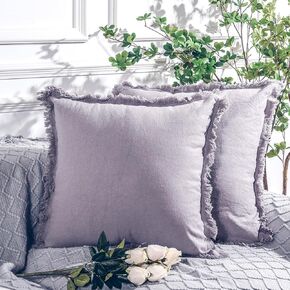 NEXHOME PRO Boho Throw Pillow Covers for Couch Set of 2 18"x18", Handmade Decorative Linen Pillow Covers for Bed, Sofa, Living Room, Farmhouse Fringed Cushion Covers, Grey (Insert Not Included)