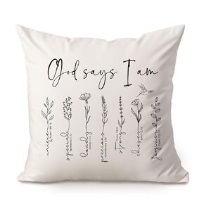 God Says I Am Bible Verse Affirmations Pillow Cover, Positive Christian Scripture Throw Pillow Gift for Christian Home, Best Gift For Daughter, Granddaughter, Birthday Christian Wildflower, 18x18 inch
