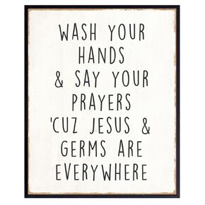 Christian Kids Wall Art for Bathroom - funny Christian Wall Art Bathroom - Bathroom Pictures Wall Decor - Wash Your Hands Fun Bathroom Decor - Christian Decor - Religious Decor - Rustic Bathroom Signs