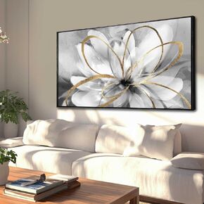 Kureful White Flowers Artwork Gold Line Canvas Art Gray Pictures Painting Wall Painting لغرفة المعيشة 24 "× 48" لتصوير جدار جدار محايد لغرفة النوم