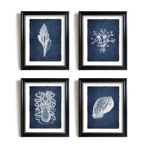 Navy Blue Nautical Themed Wall Art - Sea Shell Grass Octupus Poster Print - Ocean Sea Creature Pictures for Beach Cabin - Rustic Farmhouse Kitchen Bathroom - Vintage Gift Small Coastal Art Wall Décor