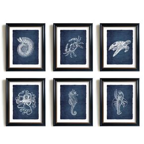Navy Blue Nautical Wall Art - Sea Turtle Octopus Shell Pintist - Ocean Sea Creature Pictures for Beach House - Rustic Farmhouse Kitchen Bathroom - Vintage Gift Small Coastal Art Wall décor