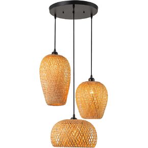 Rattan Pendant Light Bamboo Hanging Light 3-Lights Boho Pendant Light Fixture Woven Basket Wicker Shade Rattan Chandelier for Living Room Dining Room Kitchen