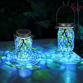 Uspring Stained Glass Mosaic Solar Lanterns Outdoor Waterproof Garden Decor Hanging Solar Jar Lights Gifts for Women Mom Grandma Handmade Outdoor Lantern Lamp for Patio Porch Yard Balcony Table Decor