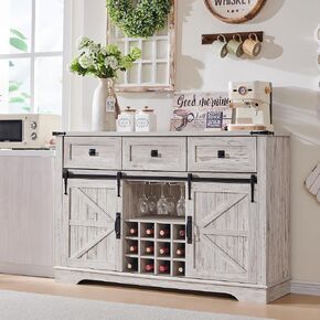 OKD Farmhouse Wine Bar Cabinet w/Sliding Barn Door, 54" Kitchen Coffee Bar Cabinet w/Wine & Glass Rack, Storage Shelves, 3 Drawers, Rustic Large Buffet Sideboard for Dining Room, Antique White