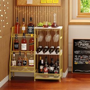 Versatile Liquor Stand for Home Bar, Wine Rack Freestanding Floor, Mini Bar Table for Liquor Whiskey Wine, 3-Tier Trapezoidal Liquor Bottle Display Shelf with Glass Holder and Fences(Patent Pending)