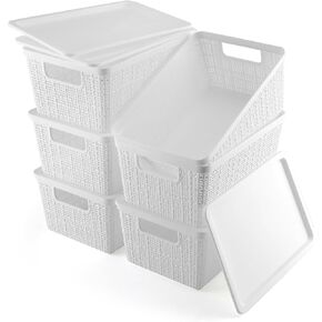 Storage Baskets with Lids - 6 Quart Plastic Organizer Bins for Kitchen Pantry, Closet, Bathroom,Shelves | Durable Home Office Classroom Organization and Storage, 6 Pack, Black