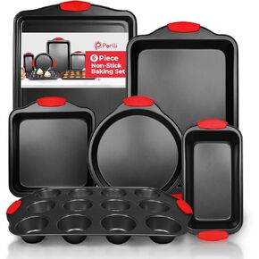 PERLLI Non-Stick 10-Piece Baking Pan Set, BPA-Free Carbon Steel Bakeware Set with Silicone Handles, Stackable Kitchen Oven Set, Cookie Sheet, Baking Tray, Baking Sheet Set, Oven Safe (446°F)