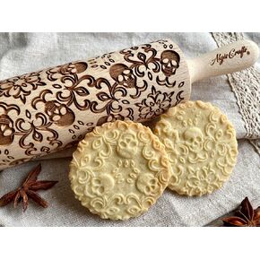 SUGAR SKULL and ROSES Embossed Rolling Pin for Halloween cookies. Laser Engraved Dough Roller for Embossing Homemade Cookies by Algis Crafts