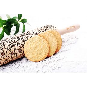LOTUS embossing rolling pin with Lotus flower Pattern. Dough roller for embossed cookies and Pottery by Algis Crafts