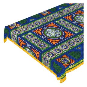 Ramadan Tablecloth Decorations – Handmade Tablecloth, Printed Egyptian Khayamiya Design, Colorful Blue, Cotton Blend – 55"x70" (140x180 cm) Rectangle