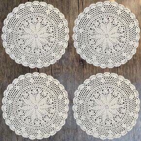 PHANTOMON Crochet Doilies Handmade Round Cotton Lace Table Placemats Knitted Tablecloth, Star Pattern Rippled Edge, Pack of 4