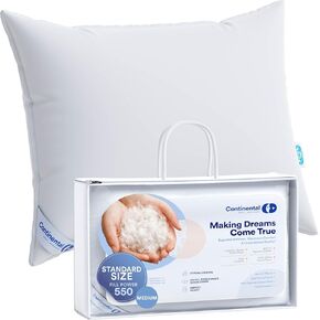 Continental Bedding Medium Queen Pack of 1 White Down Pillows 25 Ounce 550FP Hotel Down Pillows for Supporting Back Side and Stomach Sleepers
