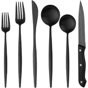 24 Pieces Matte Black Silverware Set with Steak Knife, Stainless Steel Flatware Set for 4, Satin Finish Spoons and Forks Silverware Set, Black Cutlery Utensils Set, Dishwasher Safe