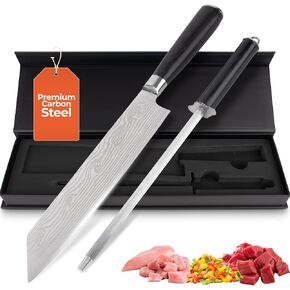 Gidli 8 Inch Chef Knife with Knife Sharpener Carbon Stainless Steel, Ultra Sharp, Ergonomic Wooden Handle, Gift Box – Kitchen Blade Set