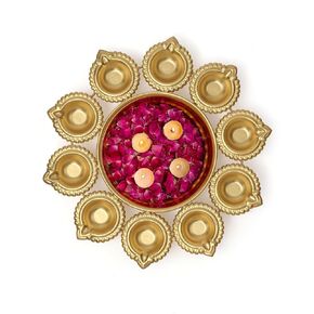 Decorative Metal Bowl with Diya Design, Golden colour,Uruli, urli with bowl, /Candle Festive Decor urli/urli with stand -Event/wedding/Diwali/Christmas decoration (Peacock urli)