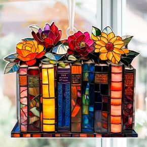 Books Ornament With Flower Mothers Day Gifts, Window Suncatcher Ornament Bookish Gifts for Book Lovers, Librarians, Teachers, Reader, Acrylic Stained Glass Effect Decor for Mom (Vintage Bloom)