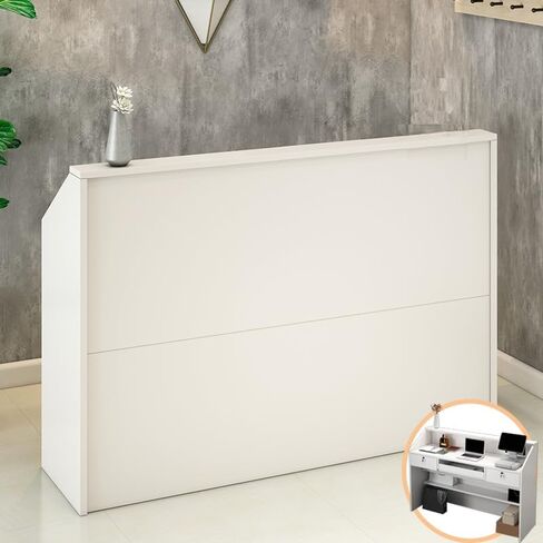 TEENKON Reception Desk with Counter, Modern Front Desk with Lockable Drawers, White Retail Counter for Checkout Salon, Lobby, Store, Small Wood Cashier Table with Grommet (White, 39X15X36 inches) in Saudi Arabia