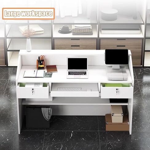 TEENKON Reception Desk with Counter, Modern Front Desk with Lockable Drawers, White Retail Counter for Checkout Salon, Lobby, Store, Small Wood Cashier Table with Grommet (White, 39X15X36 inches) in Saudi Arabia