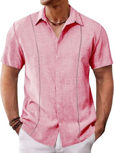Runcati Mens Short Sleeve Guayabera Shirts Cuban Button Down Casual Shirt Summer Vacation Wedding Embroidered Linen Tops in Kuwait
