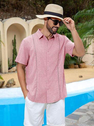 Runcati Mens Short Sleeve Guayabera Shirts Cuban Button Down Casual Shirt Summer Vacation Wedding Embroidered Linen Tops in Kuwait